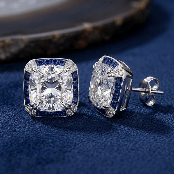 Vintage Halo Cushion Cut White & Blue Sapphire Stud Earrings For Women