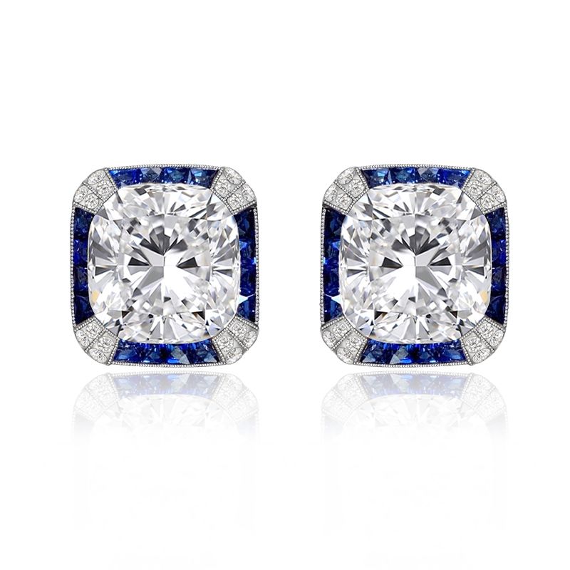 Vintage Halo Cushion Cut White & Blue Sapphire Stud Earrings For Women Belovegrace