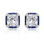 Vintage Halo Cushion Cut White & Blue Sapphire Stud Earrings For Women Belovegrace