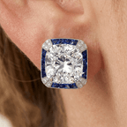 Vintage Halo Cushion Cut White & Blue Sapphire Stud Earrings For Women