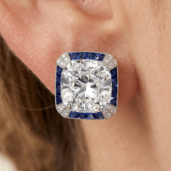 Vintage Halo Cushion Cut White & Blue Sapphire Stud Earrings For Women