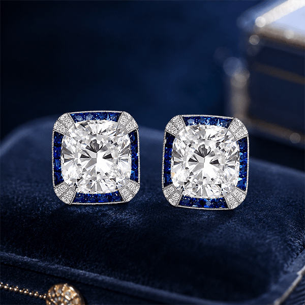 Vintage Halo Cushion Cut White & Blue Sapphire Stud Earrings For Women