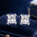 Vintage Halo Cushion Cut White & Blue Sapphire Stud Earrings For Women