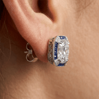 Vintage Halo Cushion Cut White & Blue Sapphire Stud Earrings For Women