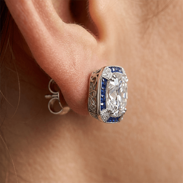 Vintage Halo Cushion Cut White & Blue Sapphire Stud Earrings For Women