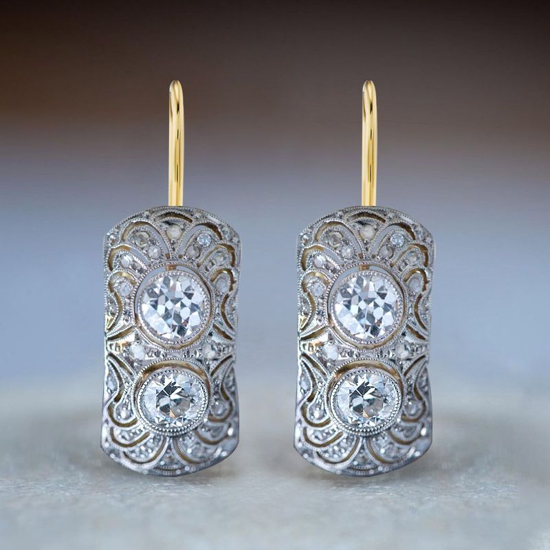 Vintage Two Tone Round Cut White Sapphire Drop Earrings For Women Belovegrace