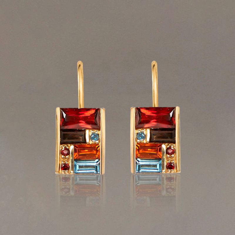 Golden Baguette Cut Garnet & Topaz & Orange & Brown Sapphire Drop Earrings For Women Belovegrace