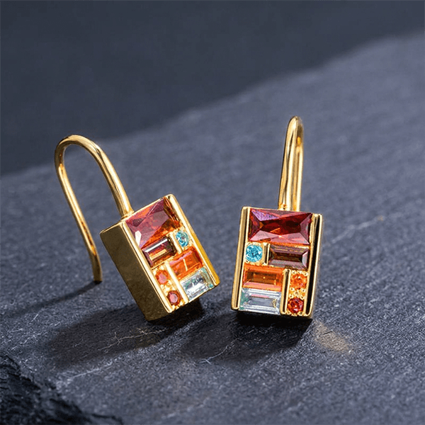 Golden Baguette Cut Garnet & Topaz & Orange & Brown Sapphire Drop Earrings For Women