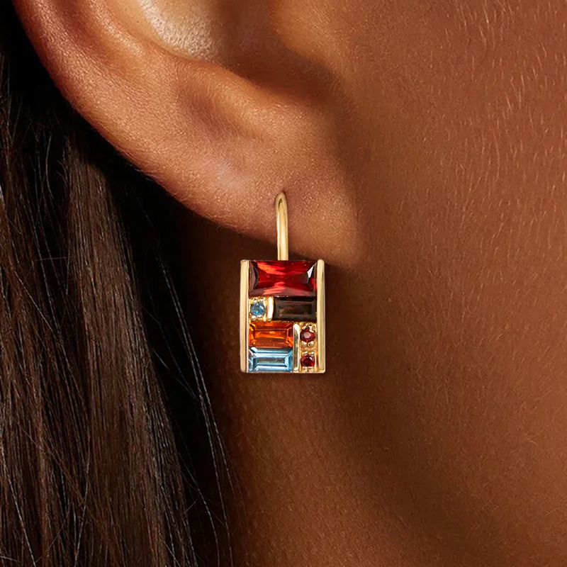 Golden Baguette Cut Garnet & Topaz & Orange & Brown Sapphire Drop Earrings For Women Belovegrace