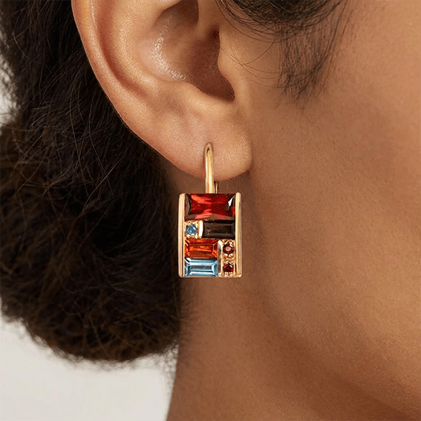 Golden Baguette Cut Garnet & Topaz & Orange & Brown Sapphire Drop Earrings For Women