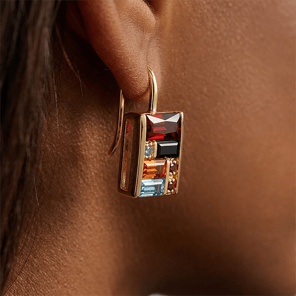 Golden Baguette Cut Garnet & Topaz & Orange & Brown Sapphire Drop Earrings For Women