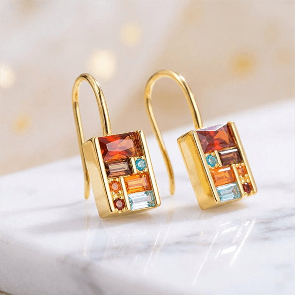 Golden Baguette Cut Garnet & Topaz & Orange & Brown Sapphire Drop Earrings For Women