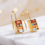 Golden Baguette Cut Garnet & Topaz & Orange & Brown Sapphire Drop Earrings For Women
