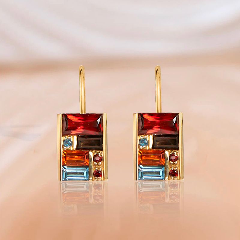Golden Baguette Cut Garnet & Topaz & Orange & Brown Sapphire Drop Earrings For Women Belovegrace