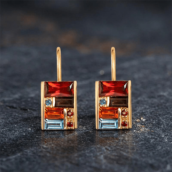 Golden Baguette Cut Garnet & Topaz & Orange & Brown Sapphire Drop Earrings For Women