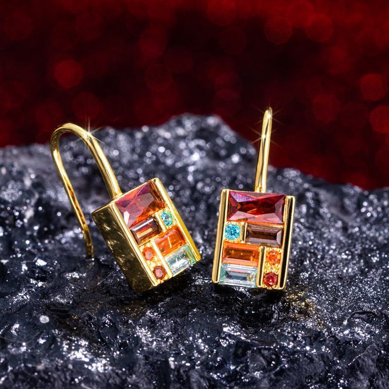 Golden Baguette Cut Garnet & Topaz & Orange & Brown Sapphire Drop Earrings For Women Belovegrace