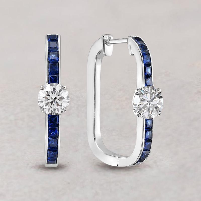 Classic Blue & White Sapphire Round & Princess Cut Hoop Earrings For Women Belovegrace