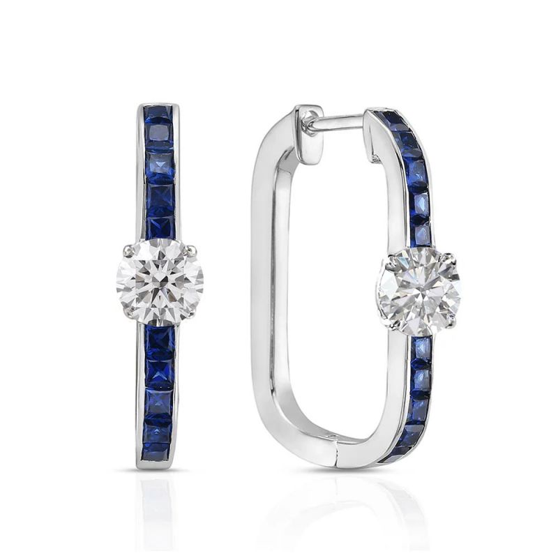 Classic Blue & White Sapphire Round & Princess Cut Hoop Earrings For Women Belovegrace
