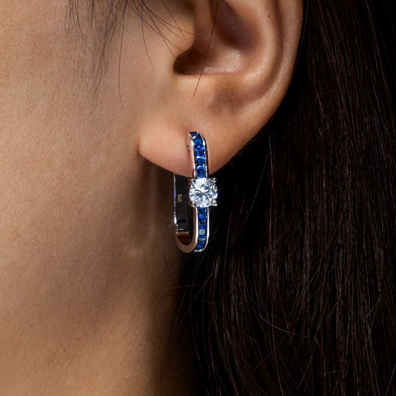 Classic Blue & White Sapphire Round & Princess Cut Hoop Earrings For Women Belovegrace