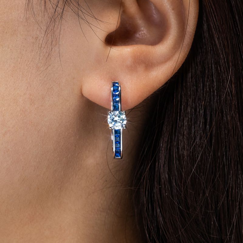 Classic Blue & White Sapphire Round & Princess Cut Hoop Earrings For Women Belovegrace