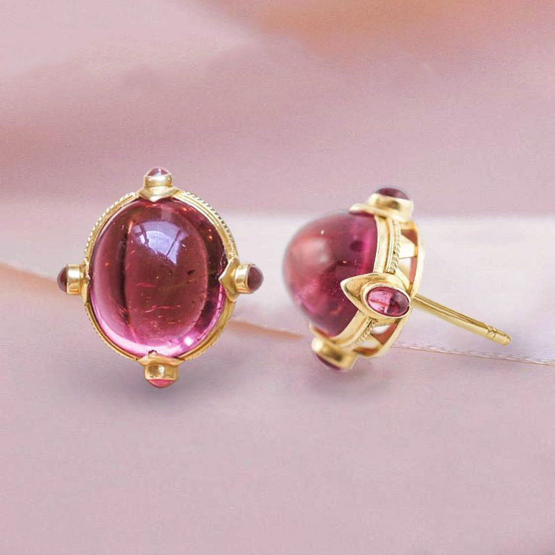 Art Deco Golden Oval Cabochon Cut Red Sapphire Stud Earrings For Women Belovegrace