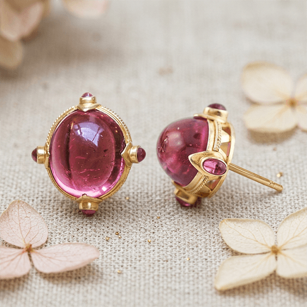 Art Deco Golden Oval Cabochon Cut Pink Sapphire Stud Earrings For Women