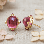 Art Deco Golden Oval Cabochon Cut Pink Sapphire Stud Earrings For Women