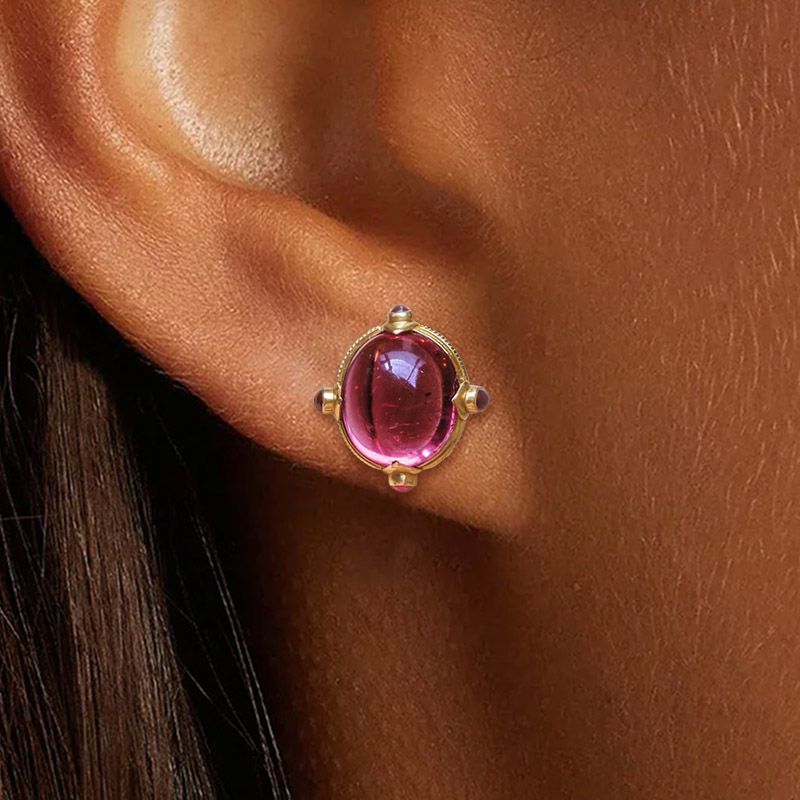 Art Deco Golden Oval Cabochon Cut Red Sapphire Stud Earrings For Women Belovegrace