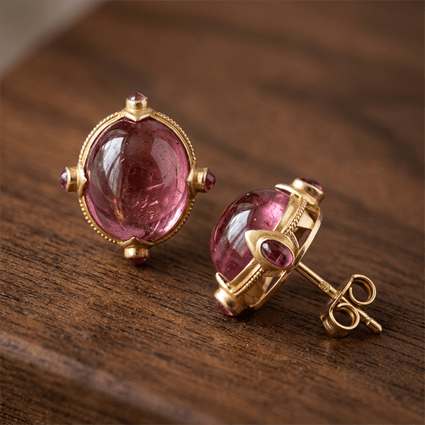 Art Deco Golden Oval Cabochon Cut Pink Sapphire Stud Earrings For Women