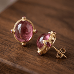 Art Deco Golden Oval Cabochon Cut Pink Sapphire Stud Earrings For Women