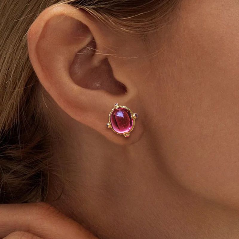 Art Deco Golden Oval Cabochon Cut Red Sapphire Stud Earrings For Women Belovegrace