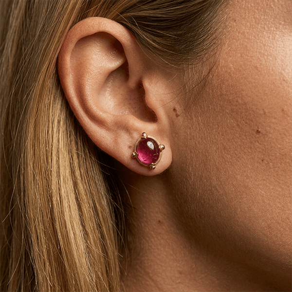 Art Deco Golden Oval Cabochon Cut Pink Sapphire Stud Earrings For Women