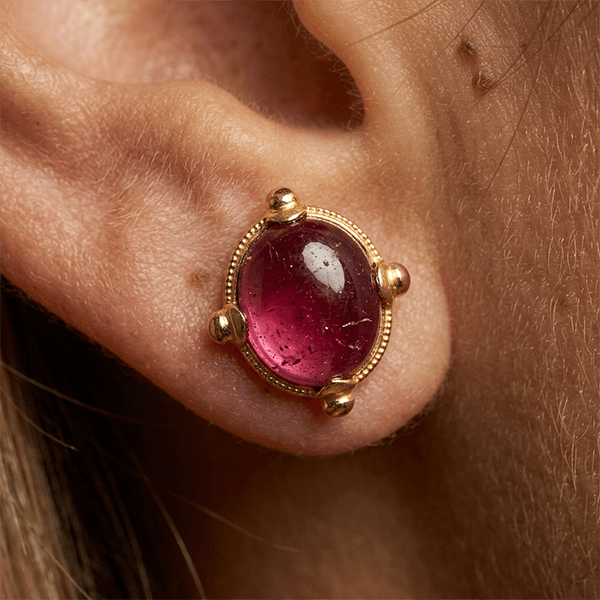 Art Deco Golden Oval Cabochon Cut Pink Sapphire Stud Earrings For Women