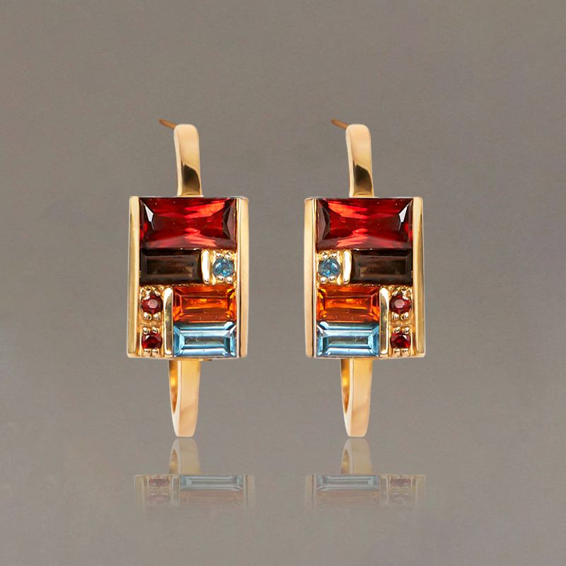 Golden Baguette Cut Garnet & Topaz & Orange & Brown Sapphire Hoop Earrings For Women Belovegrace