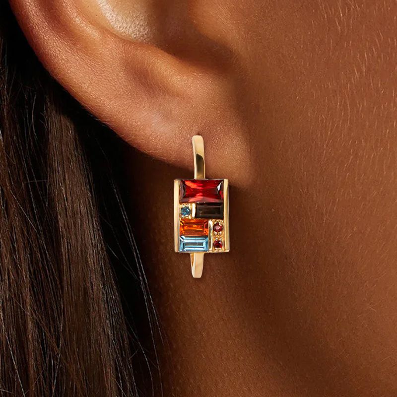 Golden Baguette Cut Garnet & Topaz & Orange & Brown Sapphire Hoop Earrings For Women Belovegrace