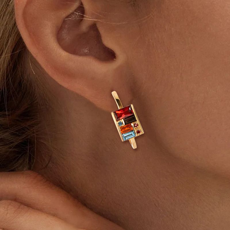 Golden Baguette Cut Garnet & Topaz & Orange & Brown Sapphire Hoop Earrings For Women Belovegrace