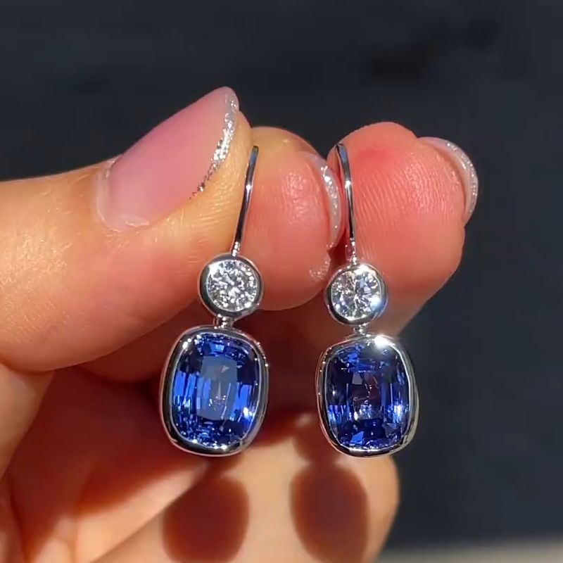 Classic Cushion Cut Blue Sapphire Drop Earrings For Women Belovegrace