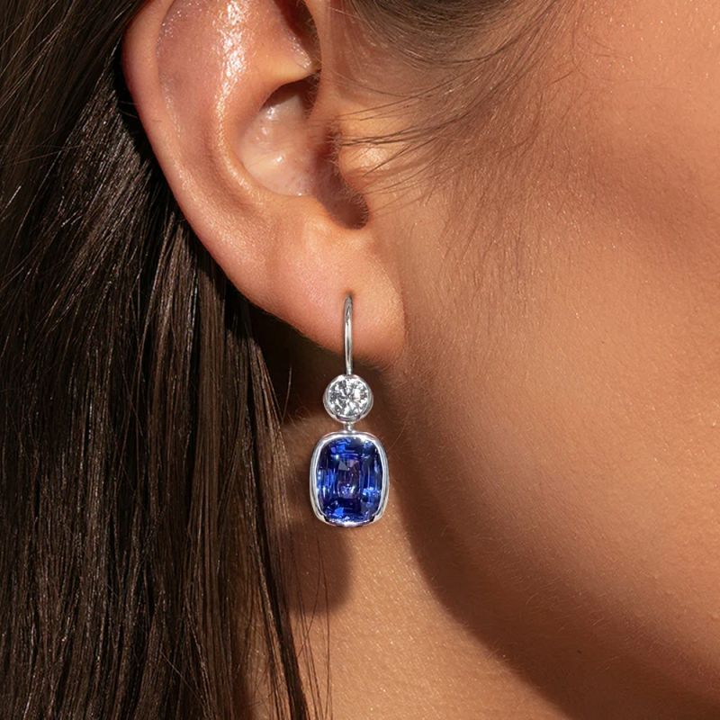 Classic Cushion Cut Blue Sapphire Drop Earrings For Women Belovegrace