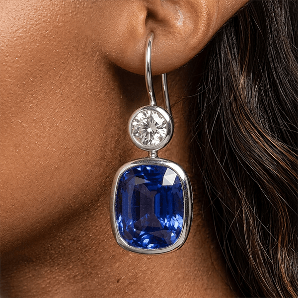 Elegant Bezel Set Cushion Cut Blue Sapphire Drop Earrings For Women