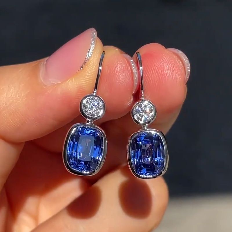 Classic Cushion Cut Blue Sapphire Drop Earrings For Women Belovegrace