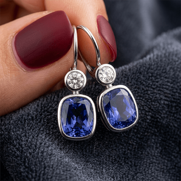 Elegant Bezel Set Cushion Cut Blue Sapphire Drop Earrings For Women