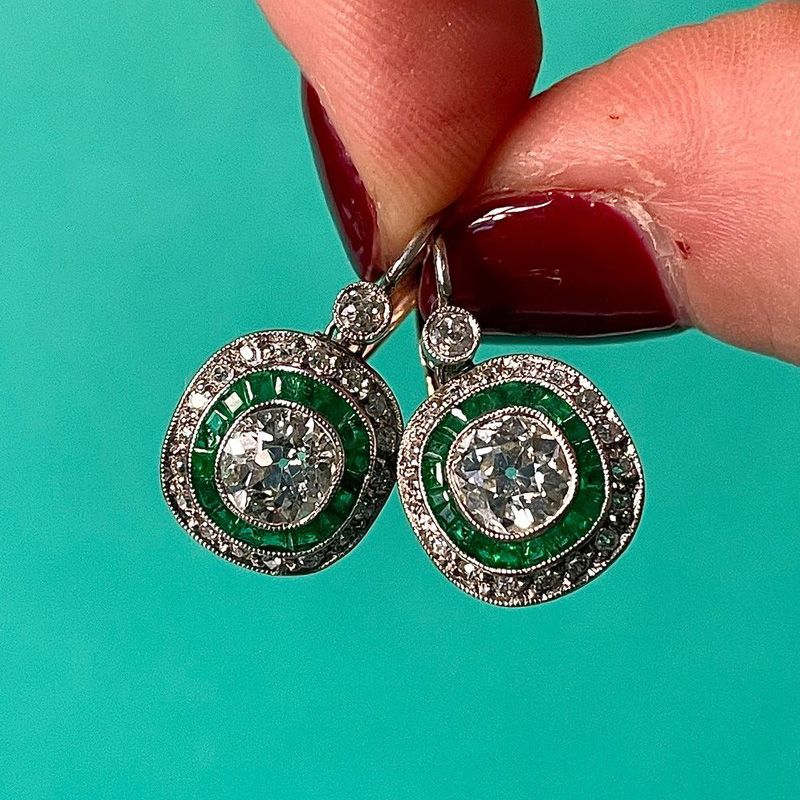Double Halo Round Cut Emerald & White Sapphire Drop Earrings For Women Belovegrace