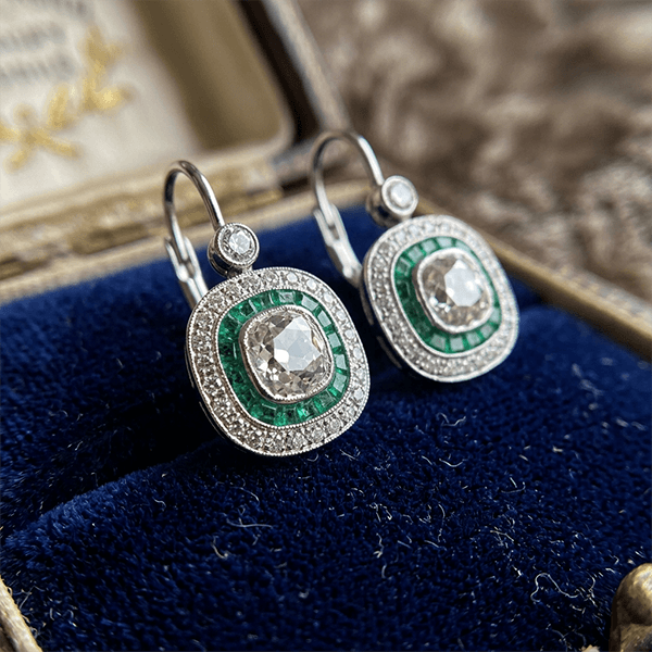 Double Halo Cushion Cut Emerald & White Sapphire Drop Earrings For Women