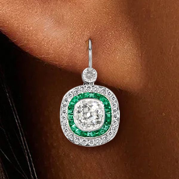 Double Halo Round Cut Emerald & White Sapphire Drop Earrings For Women Belovegrace