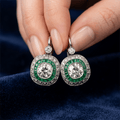 Double Halo Cushion Cut Emerald & White Sapphire Drop Earrings For Women