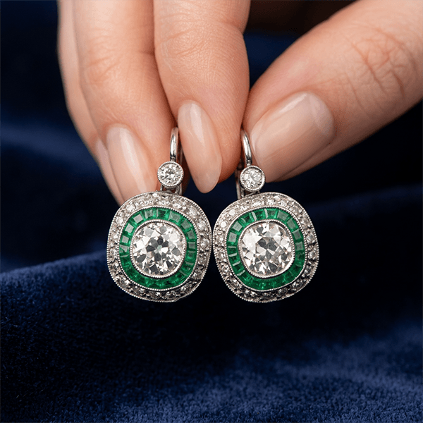 Double Halo Cushion Cut Emerald & White Sapphire Drop Earrings For Women