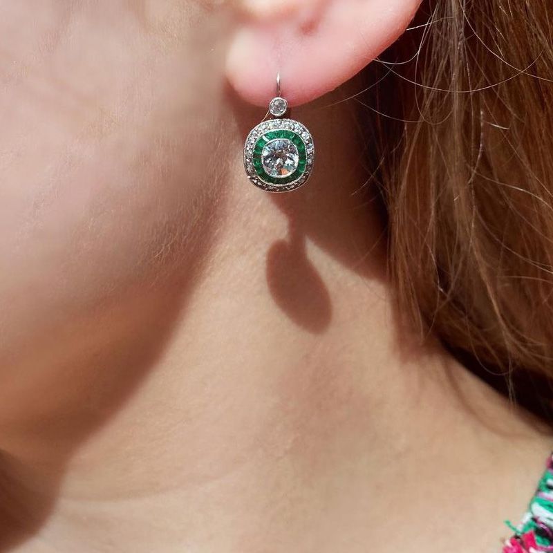 Double Halo Round Cut Emerald & White Sapphire Drop Earrings For Women Belovegrace
