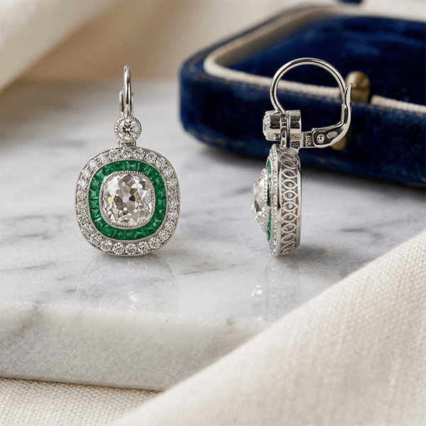 Double Halo Cushion Cut Emerald & White Sapphire Drop Earrings For Women