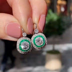 Double Halo Round Cut Emerald & White Sapphire Drop Earrings For Women Belovegrace