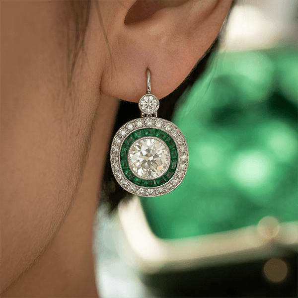 Double Halo Cushion Cut Emerald & White Sapphire Drop Earrings For Women